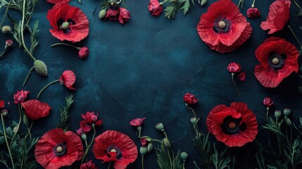 Poster - Overhead view of vibrant red poppy flowers and buds on a dark background ideal for product placement and floral design presentations