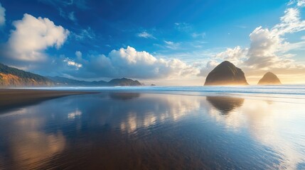 Poster - Serene Pacific Ocean Coastline with Majestic Rock Formation and Reflective Water at Sunrise in a Wanderlust Travel Setting