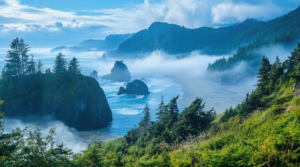 Poster - Foggy coastal landscape with dramatic cliffs and lush greenery under a blue sky showcasing nature's serene beauty and tranquility.