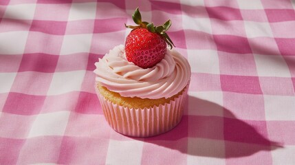 Aufkleber - Pink cupcake with strawberry on pink checkered tablecloth soft lighting and vibrant colors perfect for dessert or baking themes
