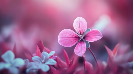 Poster - Macro shot of pink oxalis flower amidst vibrant foliage in the wild showcasing delicate petals and soft color tones.