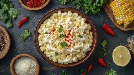 Poster - Boiled corn topped with cream cheese and spices on a textured surface featuring vibrant herbs and chili peppers