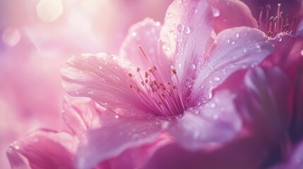 Poster - Close-up of delicate pink cherry blossoms with dew drops showcasing the beauty of spring and nature's intricate details.