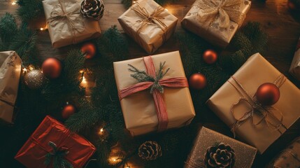 Poster - Overhead view of beautifully wrapped gifts and boxes surrounded by festive decorations for the holiday season