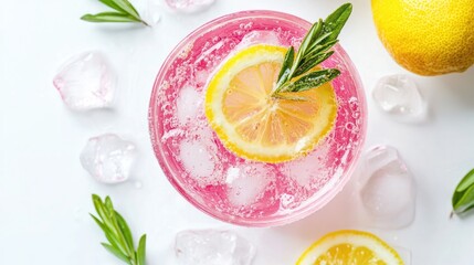 Poster - Refreshing pink cocktail with lemon garnish and ice on white background perfect for summer events and vibrant drink menus