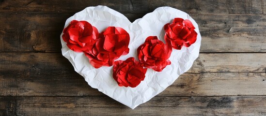 Poster - Romantic paper heart decorated with red roses on rustic wooden floor ideal for love themed designs and Valentine's Day celebrations