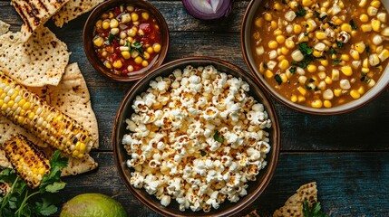 Poster - Overhead view of popcorn grilled corn and corn soup with accompaniments on a rustic wooden table