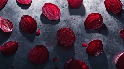 Poster - Overhead view of sliced organic beetroot pieces arranged artistically on a textured dark surface with natural light effects