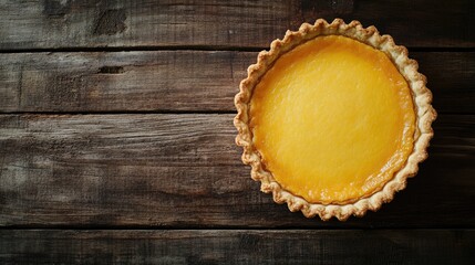 Poster - Delicious tart displayed from overhead perspective on a rustic wooden table showcasing its golden filling and flaky crust