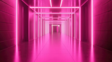 Poster - Vibrant Neon Pink Corridor with Futuristic Lighting and Reflections for Creative Backgrounds