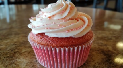 Poster - Delicious pink cupcake with creamy white frosting and decorative sprinkles on a rustic table setting.