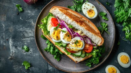 Poster - Delicious fish sandwich with fresh vegetables and boiled quail eggs served on a dark plate with greenery surrounding the dish.