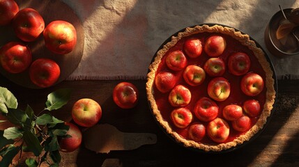 Poster - Overhead view of fresh red apples and a baked apple pie on a rustic kitchen counter with natural lighting and greenery accents