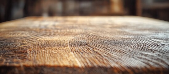 Poster - Rustic wooden tabletop texture with soft blurred background ideal for food photography or home decor showcasing natural aesthetics