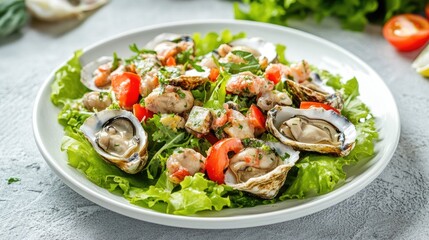 Poster - Oyster salad with fresh vegetables served on a white plate garnished with greens on a textured table background