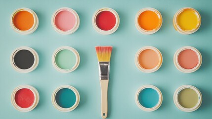 Poster - Overhead perspective of a DIY paint brush surrounded by vibrant sample paint pots on a teal background