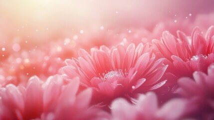 Poster - Blooming pink chrysanthemum flowers with soft light creating a serene and vibrant floral background design.