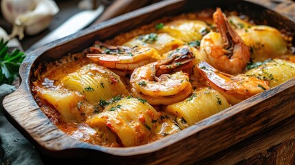 Poster - Paccheri pasta with succulent prawn sauce served in a rustic wooden dish garnished with herbs and spices