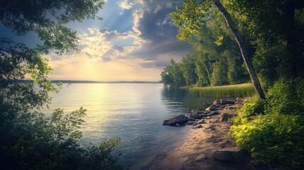 Aufkleber - Serene lakeside view with sunlit water and lush greenery under a cloudy sky showcasing nature's tranquility and beauty.