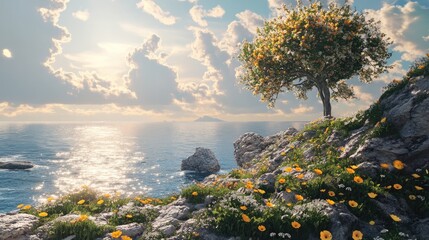 Poster - Coastal Serenity with Blossoming Tree and Scenic Seascape under a Dramatic Sky
