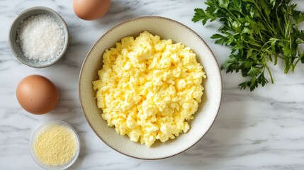 Poster - Overhead view of fresh scrambled eggs ingredients including eggs, parsley, salt, and cheese on a marble countertop