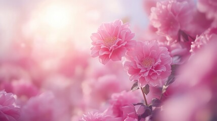Poster - Delicate pink dahlia flowers glowing in the sunlight creating a soft and dreamy floral background scene