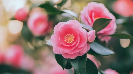 Poster - Delicate pink flower in soft focus with blurred serene background showcasing natural beauty and tranquility in a vibrant garden setting