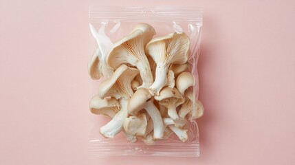 Poster - Oyster mushrooms in a clear package on a pastel background Minimalist food presentation for culinary and ingredient concepts