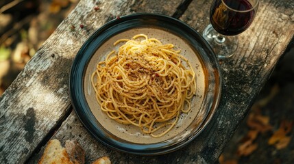 Poster - Overhead view of spaghetti with ground pepper served on a rustic plate alongside a glass of red wine on a wooden table