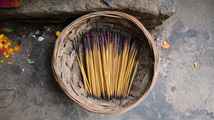 Poster - Overhead view of incense sticks arranged in a natural woven basket on a textured surface with scattered flower petals nearby