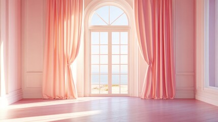 Poster - Sunlit room with soft pink curtains framing a doorway and stunning ocean view through large windows, creating a serene ambiance.