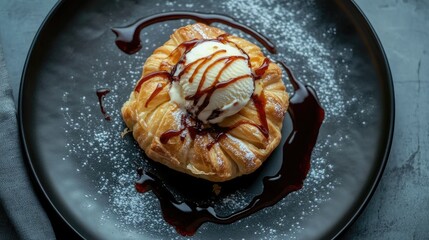 Poster - Overhead view of warm pastry topped with ice cream and chocolate sauce on a black plate with powdered sugar garnish