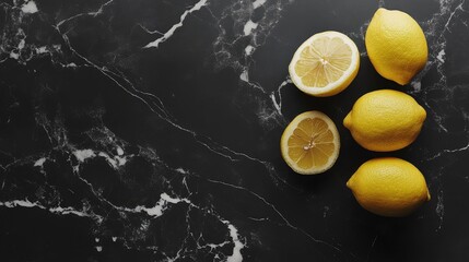 Poster - Overhead View of Fresh Whole and Halved Lemons on Dark Marble Background