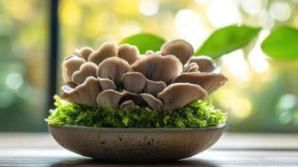 Aufkleber - Oyster mushrooms on vibrant green moss in natural setting with soft blurred background highlighting freshness and tranquility of nature