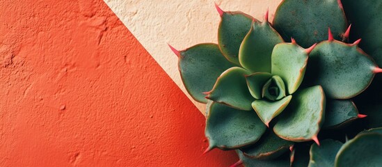 Poster - Succulent Plant Close Up Featuring Glossy Green Leaves and Pink Thorn Tips Against Red Clay and Cream Background