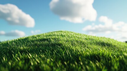 Poster - Lush green grassy hill under a blue sky adorned with fluffy clouds showcasing a peaceful natural landscape in vibrant detail