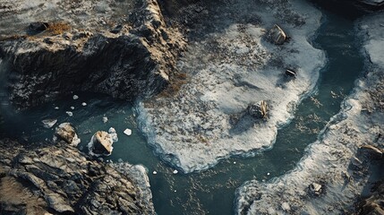 Aufkleber - Aerial view of glacial river basin showcasing scattered ice chunks and natural rocks creating a stunning icy landscape mosaic.