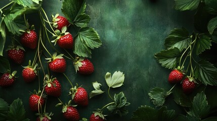 Poster - Overhead view of fresh strawberries with green leaves on a textured background ideal for summer culinary themes