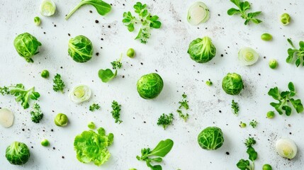 Aufkleber - Fresh Green Sprouts and Herbs Arranged Artistically on Light Background for Healthy Food Concept