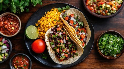 Poster - Colorful overhead view of tacos with black beans, tomato salsa, cilantro, lime, and sides on a wooden table for a delicious Mexican meal