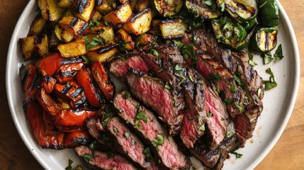 Poster - Grilled steak and assorted vegetables beautifully arranged on a plate showcasing vibrant colors and textures perfect for gourmet cuisine.