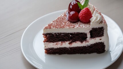 Poster - Delicious chocolate cake slice adorned with cherries and mint on a white plate top view