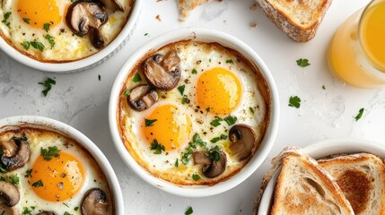 Poster - Overhead view of baked eggs in ramekins with mushrooms toast and freshly squeezed juice on a light background