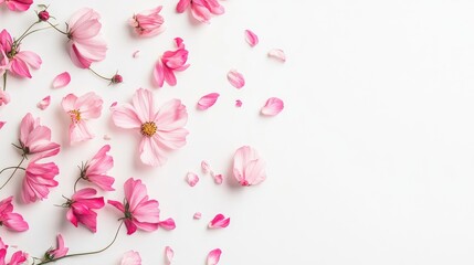 Poster - Pink cosmos flowers scattered on a white background creating an elegant and soft floral composition for design and decoration purposes