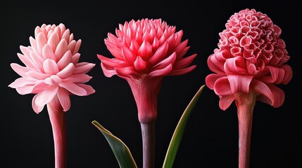 Poster - Elegant display of Pink Etlingera elatior flowers showcasing diverse shapes and vibrant colors against a dark background