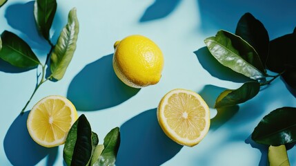 Poster - Fresh Whole And Halved Lemons With Green Leaves On Blue Background Stylish Overhead View