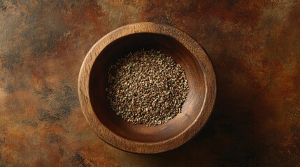 Poster - Overhead view of aromatic spices in a wooden bowl on textured brown background showcasing natural culinary ingredients.
