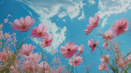 Poster - Vibrant pink cosmos flowers under a clear blue sky creating a serene and picturesque natural landscape scene.