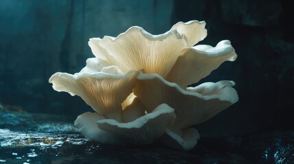 Poster - Fresh oyster mushrooms beautifully illuminated against a dark background showcasing their delicate texture and vibrant appearance.