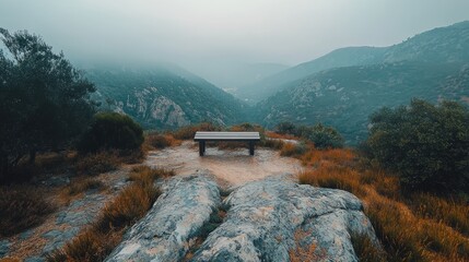 Poster - Scenic mountain overlook bench in misty Villoslada de Cameros valley surrounded by lush greenery and rocky landscapes